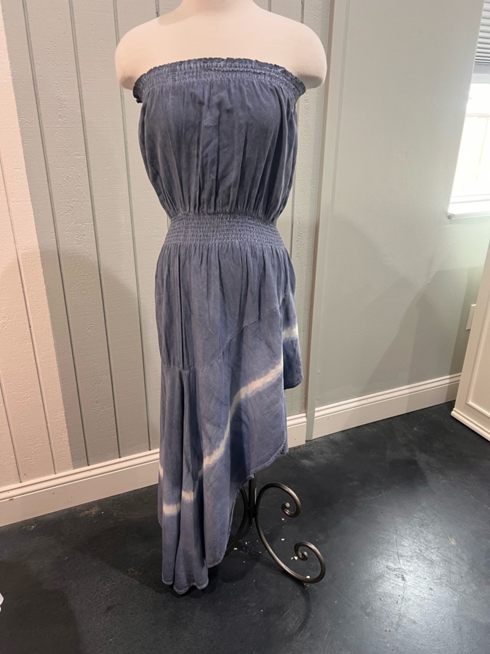 Storia Blue and White Strapless Smocked Maxi Dress